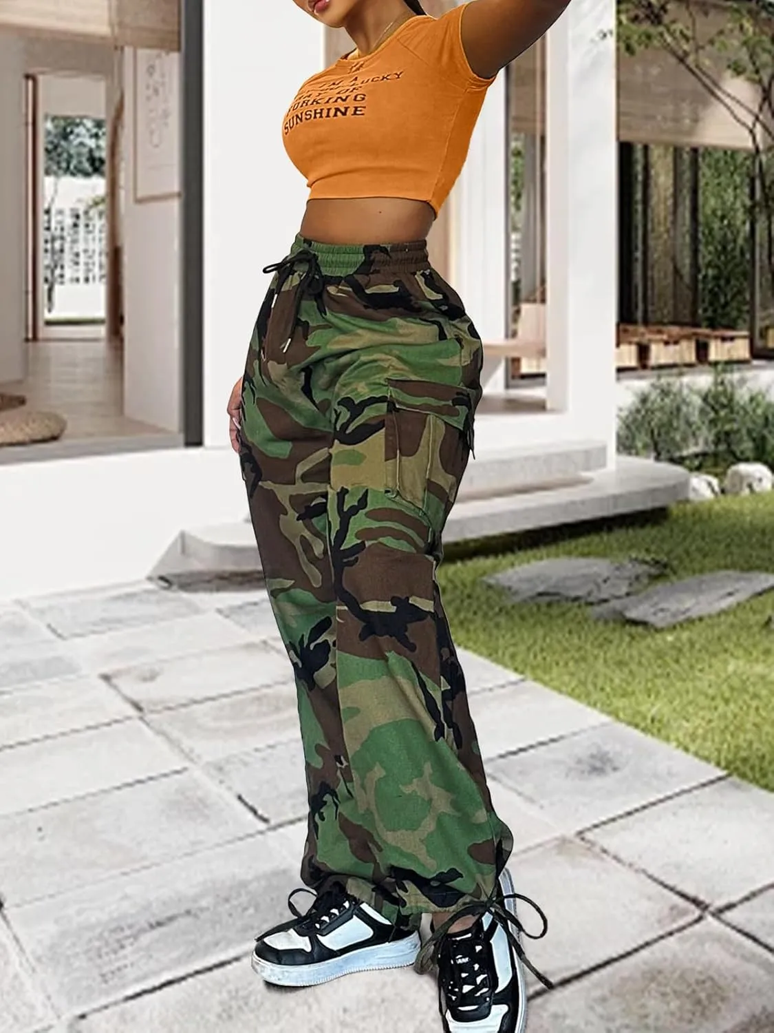 Camo Cargo Pants for Women,Womens Drawstring Elastic Waist Cargo Pants with Pocket,Baggy Camouflage Pants for Women