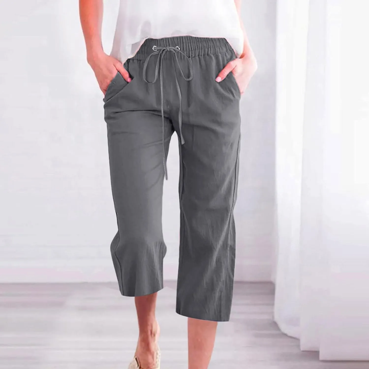 Capri Pants for Women 2024 Summer Casual Capri Leggings Lightweight High Wasit Stretch Cropped Trousers with Pockets