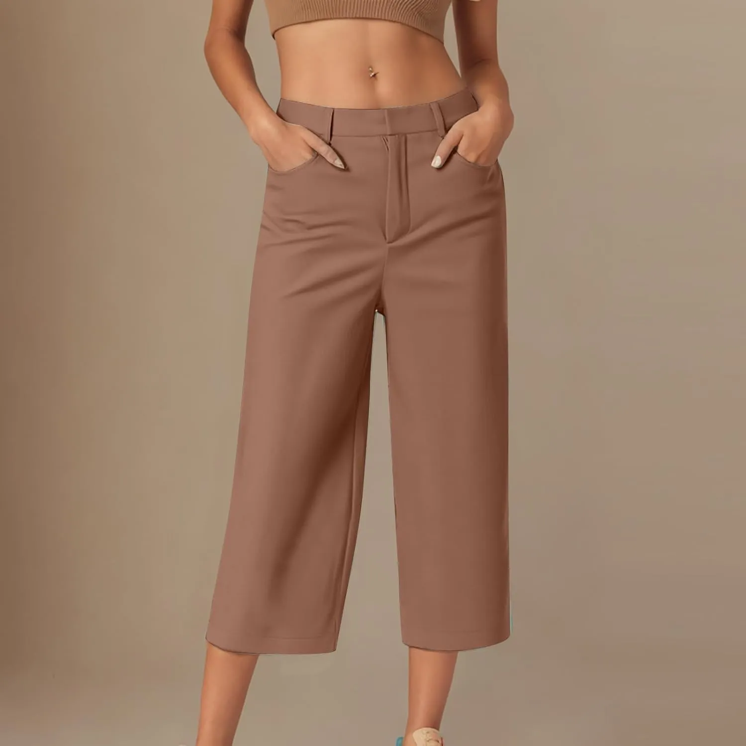 Capri Pants for Women Business Casual Loose Fit Work Cropped Trousers High Waisted Stretchy Capris with Pockets
