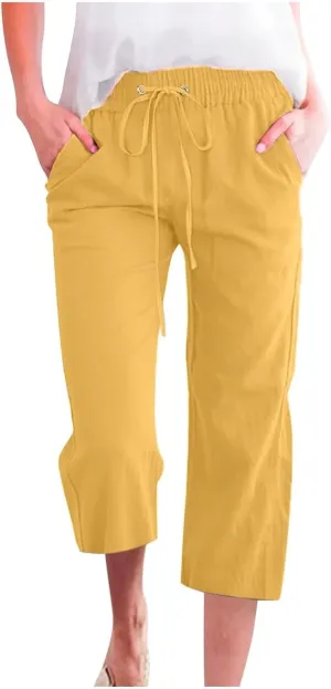Capri Pants for Women Cotton Linen Casual Summer 2025 Straight Wide Leg Drawstring Elastic Waist Cropped Trouser