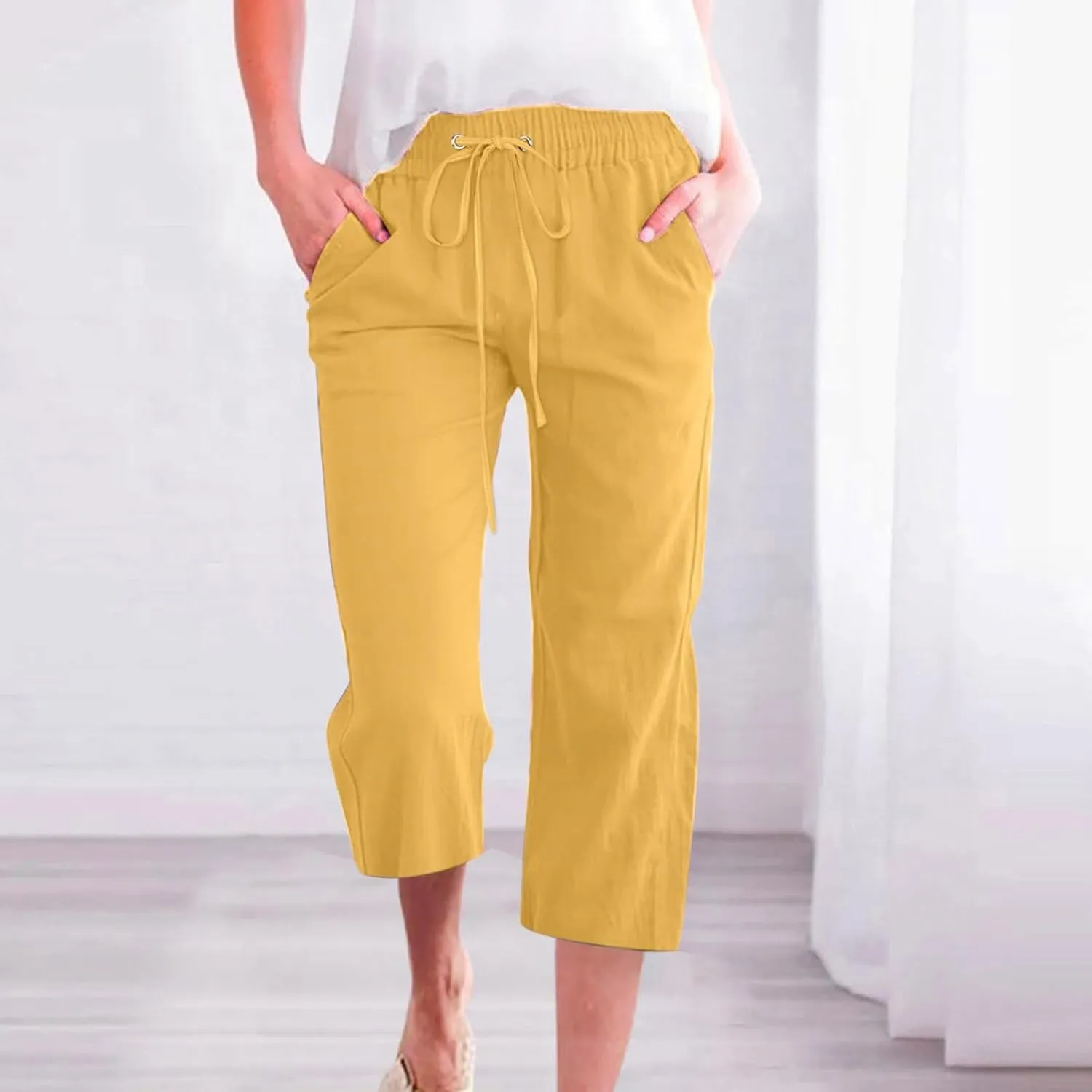 Capri Pants for Women Cotton Linen Casual Summer 2025 Straight Wide Leg Drawstring Elastic Waist Cropped Trouser