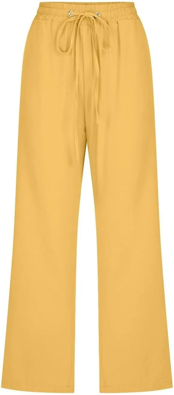 Capri Pants for Women Cotton Linen Casual Summer 2025 Straight Wide Leg Drawstring Elastic Waist Cropped Trouser