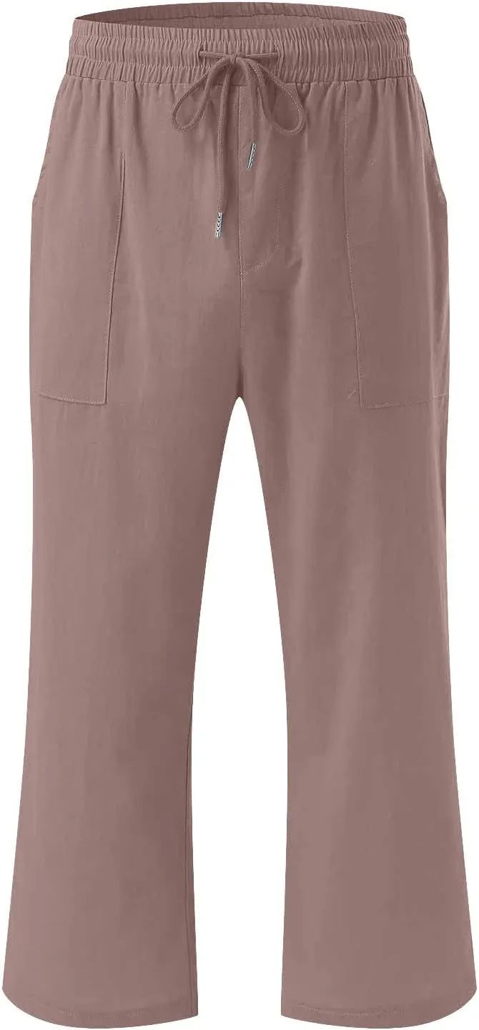Capri Pants for Women Cotton Linen Pant Casual Summer Plus Size Drawstring Elastic Waist Capris Trouser with Pockets