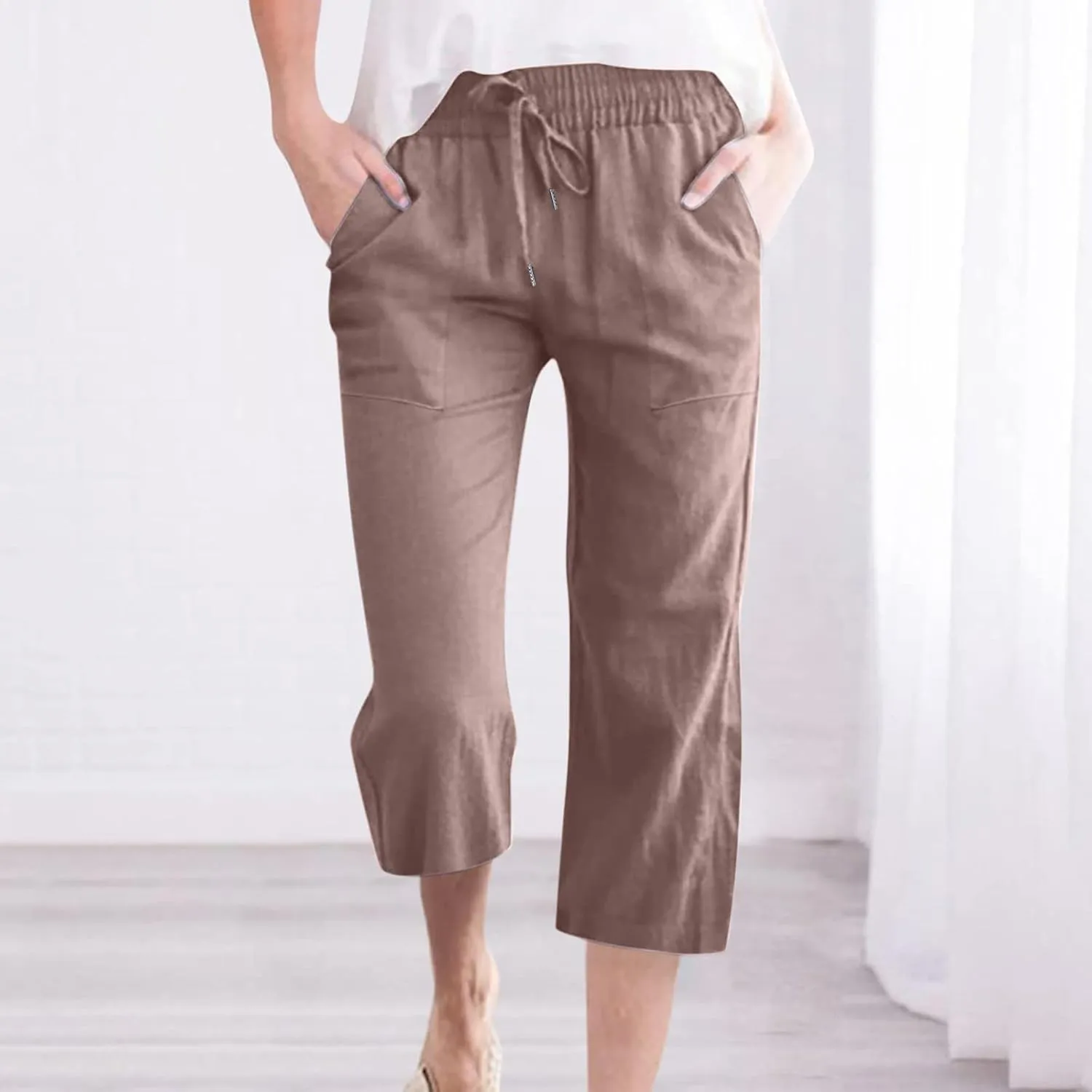 Capri Pants for Women Cotton Linen Pant Casual Summer Plus Size Drawstring Elastic Waist Capris Trouser with Pockets