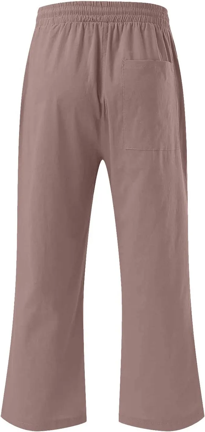 Capri Pants for Women Cotton Linen Pant Casual Summer Plus Size Drawstring Elastic Waist Capris Trouser with Pockets