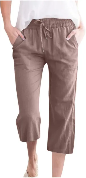 Capri Pants for Women Cotton Linen Pant Casual Summer Plus Size Drawstring Elastic Waist Capris Trouser with Pockets