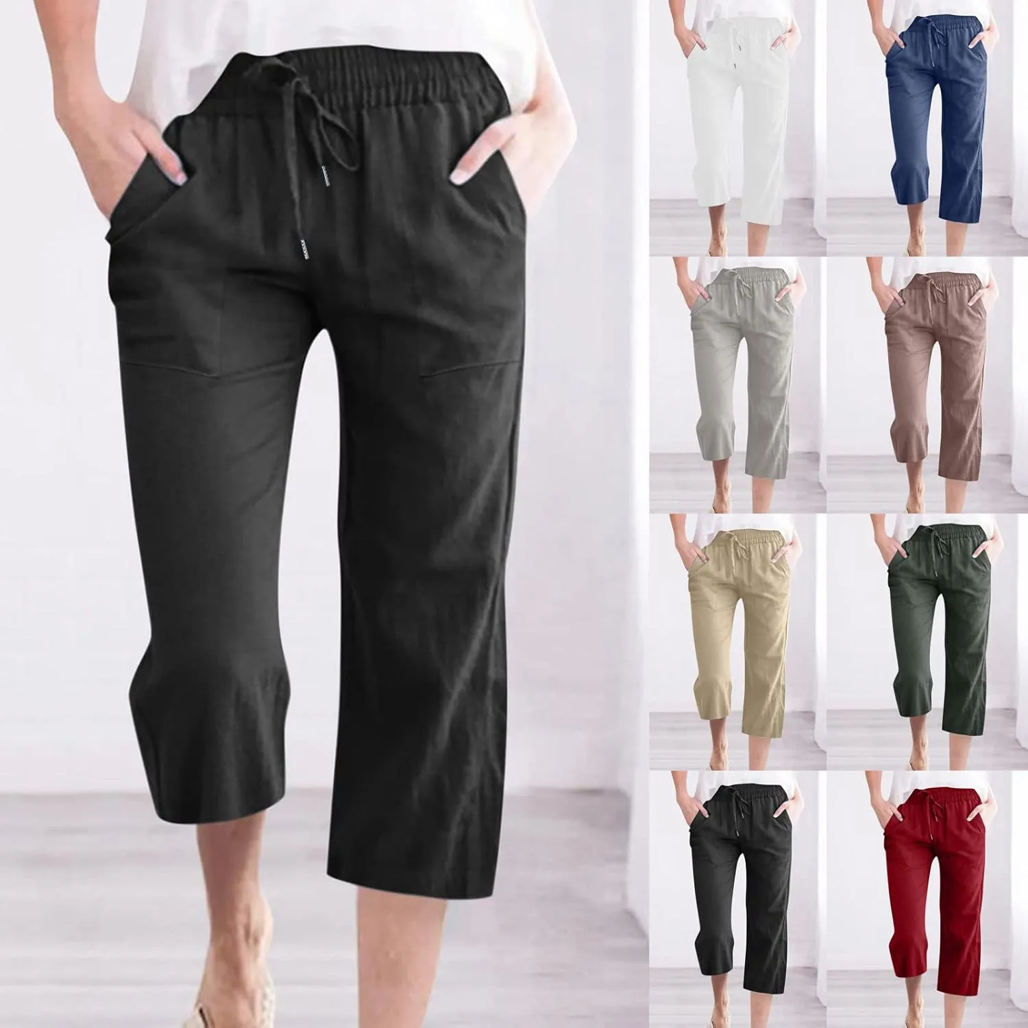 Capri Pants for Women Cotton Linen Pant Casual Summer Plus Size Drawstring Elastic Waist Capris Trouser with Pockets