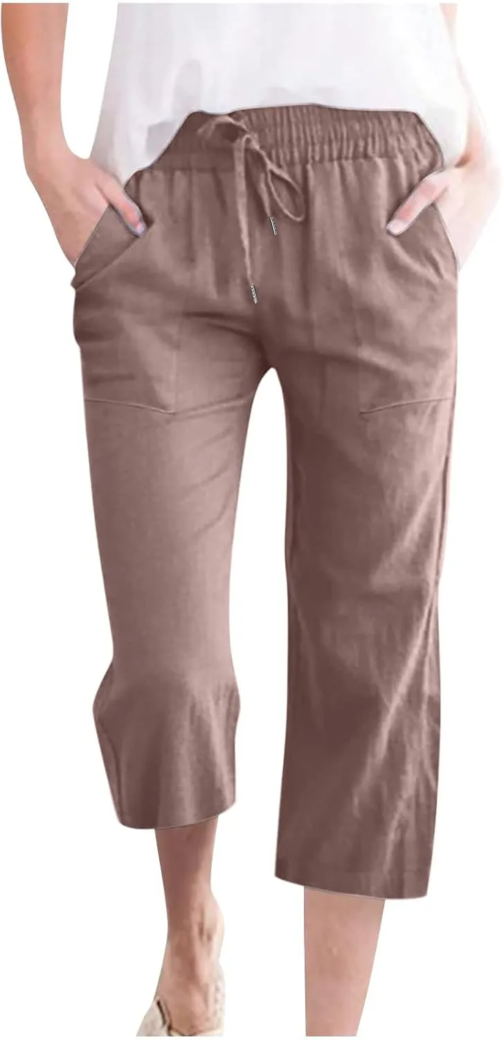 Capri Pants for Women Cotton Linen Pant Casual Summer Plus Size Drawstring Elastic Waist Capris Trouser with Pockets