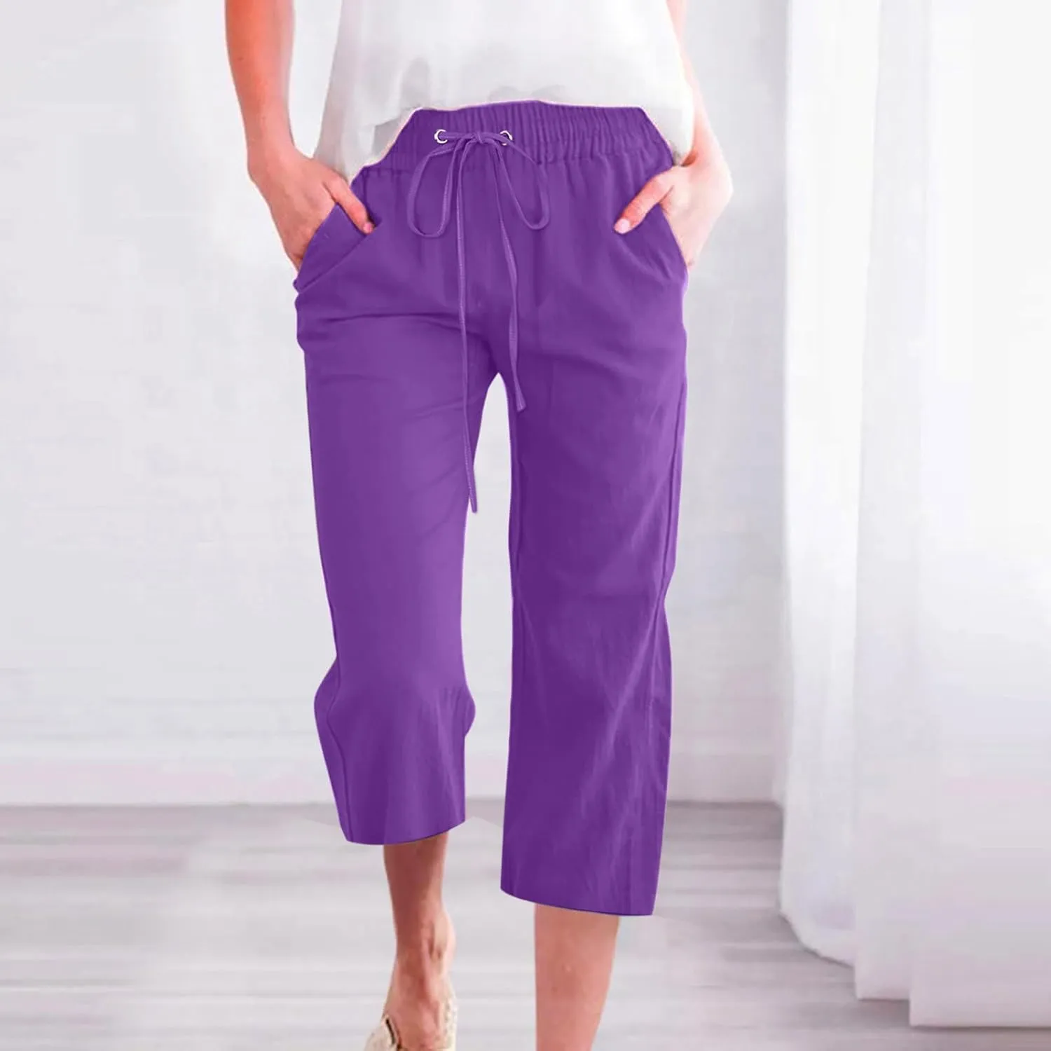 Capri Pants for Women High Waits - Casual 2025 Summer Drawstring Elastic Linen Pant Wide Leg Cropped Trousers