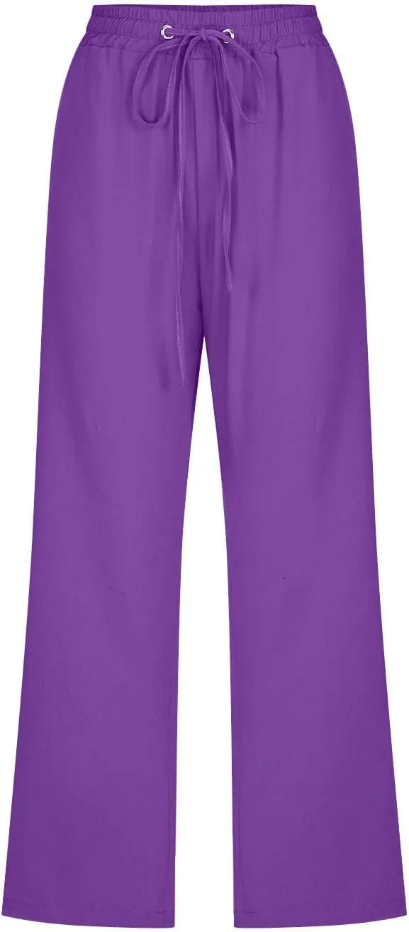 Capri Pants for Women High Waits - Casual 2025 Summer Drawstring Elastic Linen Pant Wide Leg Cropped Trousers