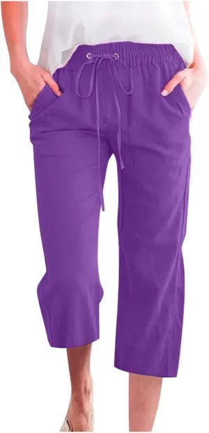 Capri Pants for Women High Waits - Casual 2025 Summer Drawstring Elastic Linen Pant Wide Leg Cropped Trousers