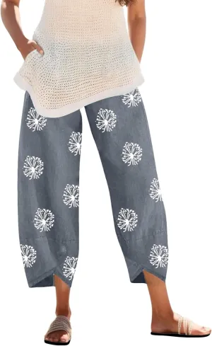 Capri Pants for Women Palazzo Lounge Pants Wide Leg Printed Cropped Bottoms Baggy Trousers Sweatpants with Pockets