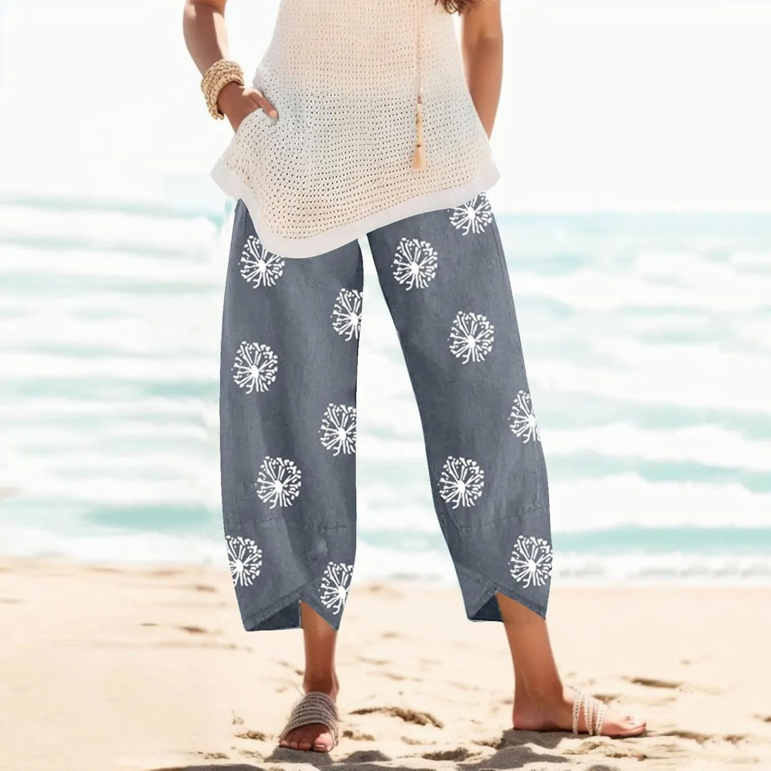 Capri Pants for Women Palazzo Lounge Pants Wide Leg Printed Cropped Bottoms Baggy Trousers Sweatpants with Pockets