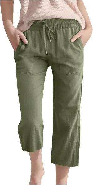 Capris Pants for Girls Summer Casual Loose Cotton Linen Straight Wide Leg Drawstring Elastic Waist Solid Cropped Pant