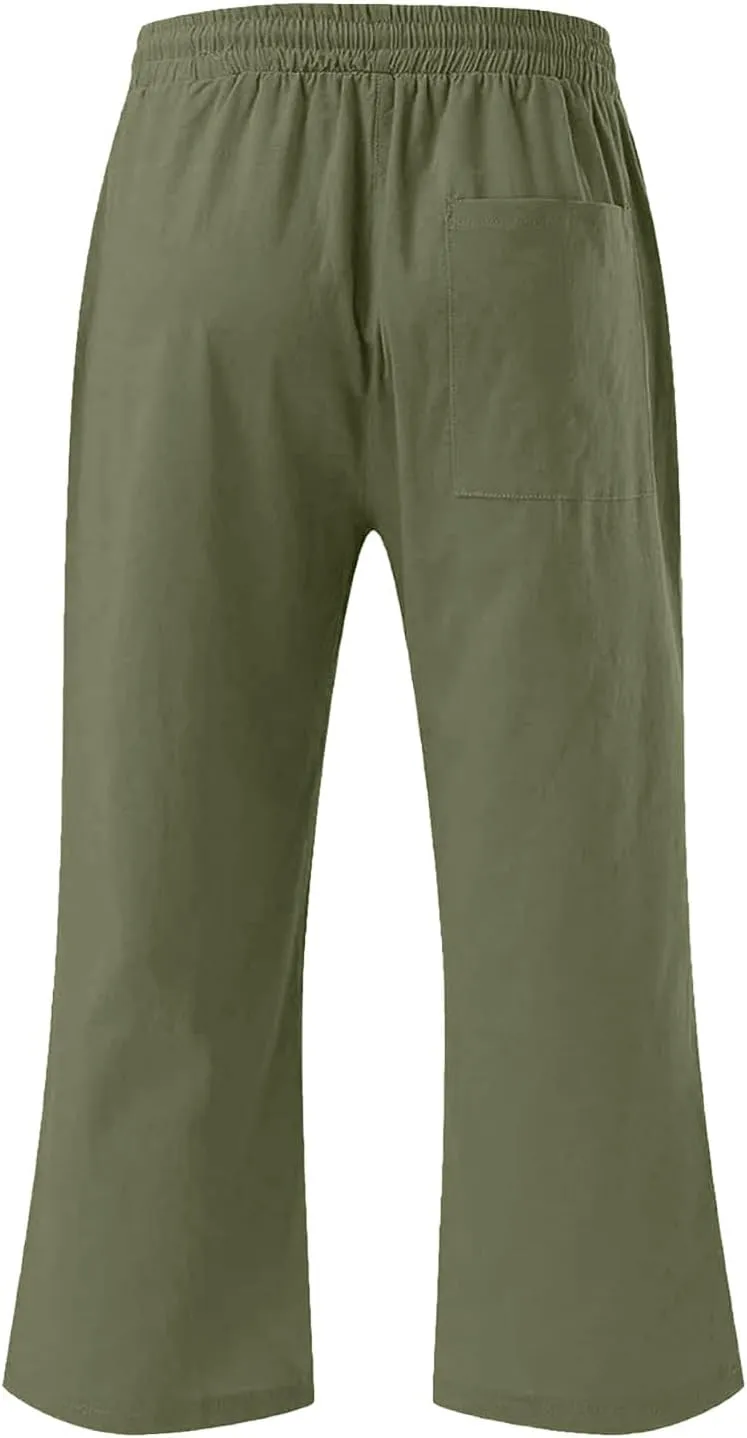 Capris Pants for Girls Summer Casual Loose Cotton Linen Straight Wide Leg Drawstring Elastic Waist Solid Cropped Pant