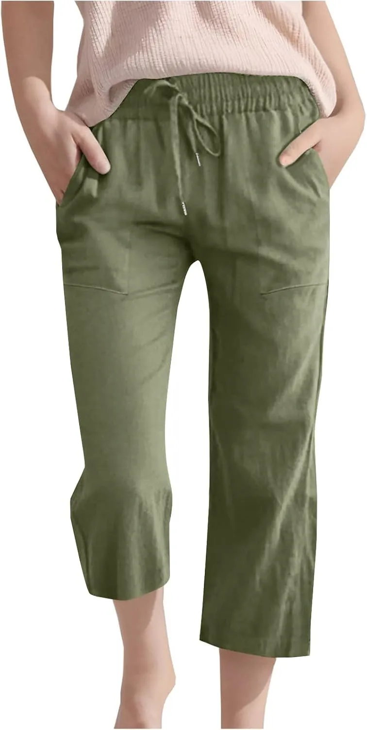 Capris Pants for Girls Summer Casual Loose Cotton Linen Straight Wide Leg Drawstring Elastic Waist Solid Cropped Pant
