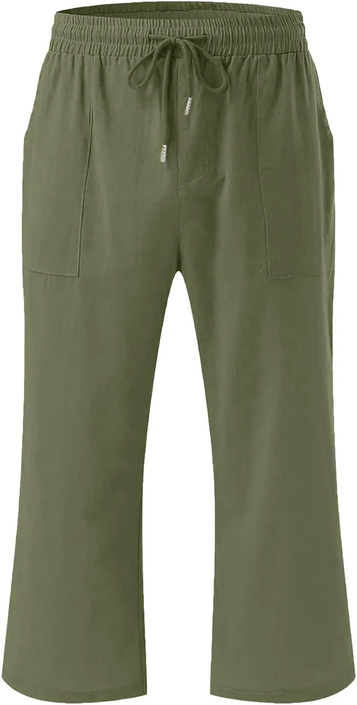 Capris Pants for Girls Summer Casual Loose Cotton Linen Straight Wide Leg Drawstring Elastic Waist Solid Cropped Pant