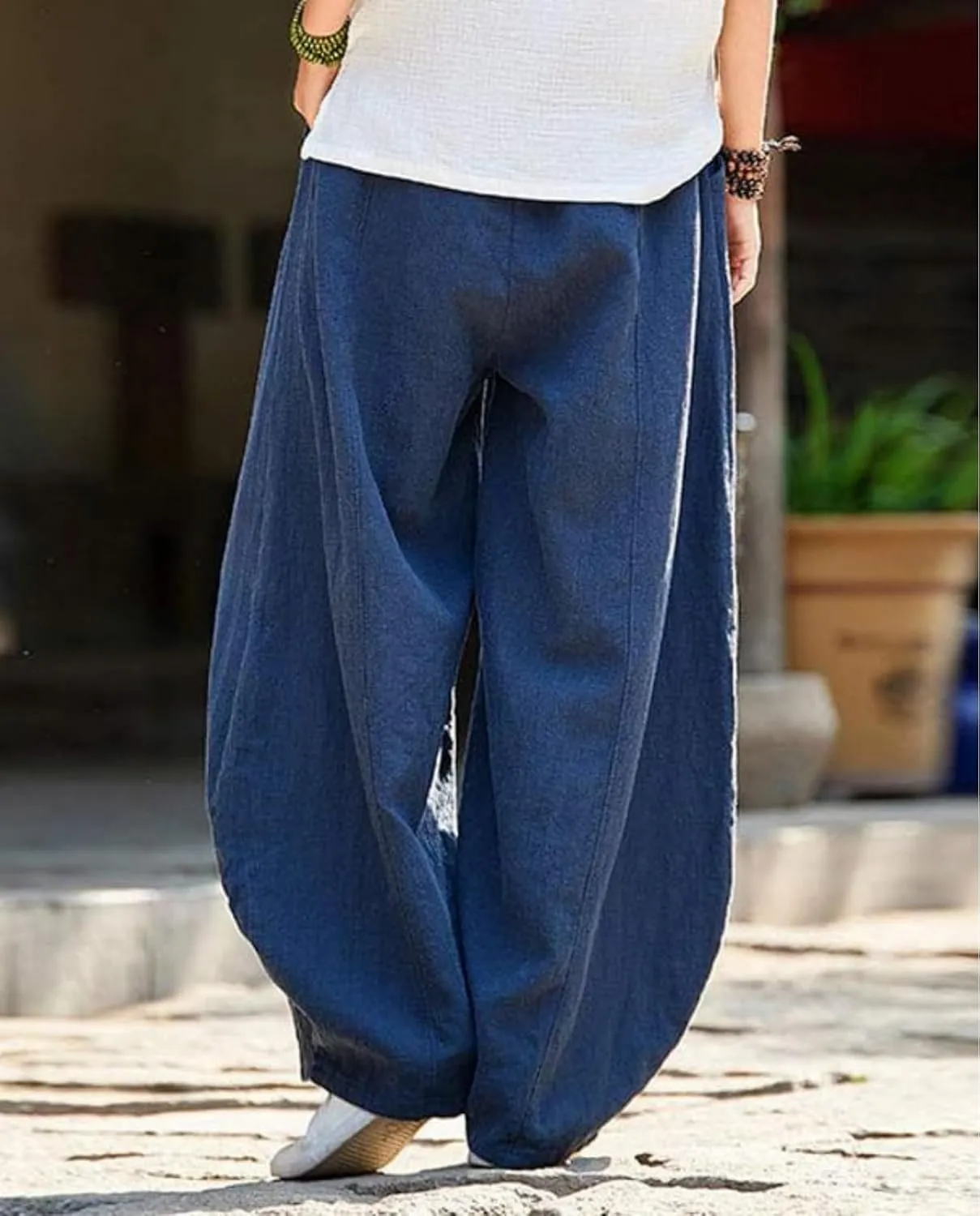 Cargo Japanese Pants for Women Soild Cotton Linen Wide Leg Pants Casual Fall Baggy Lantern Trouser with Pockets