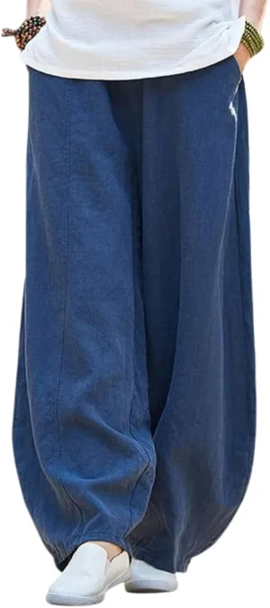 Cargo Japanese Pants for Women Soild Cotton Linen Wide Leg Pants Casual Fall Baggy Lantern Trouser with Pockets