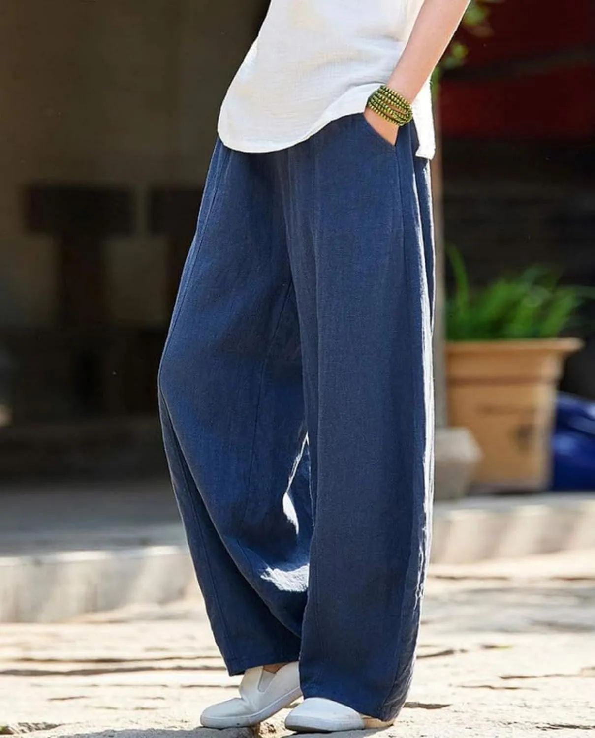 Cargo Japanese Pants for Women Soild Cotton Linen Wide Leg Pants Casual Fall Baggy Lantern Trouser with Pockets