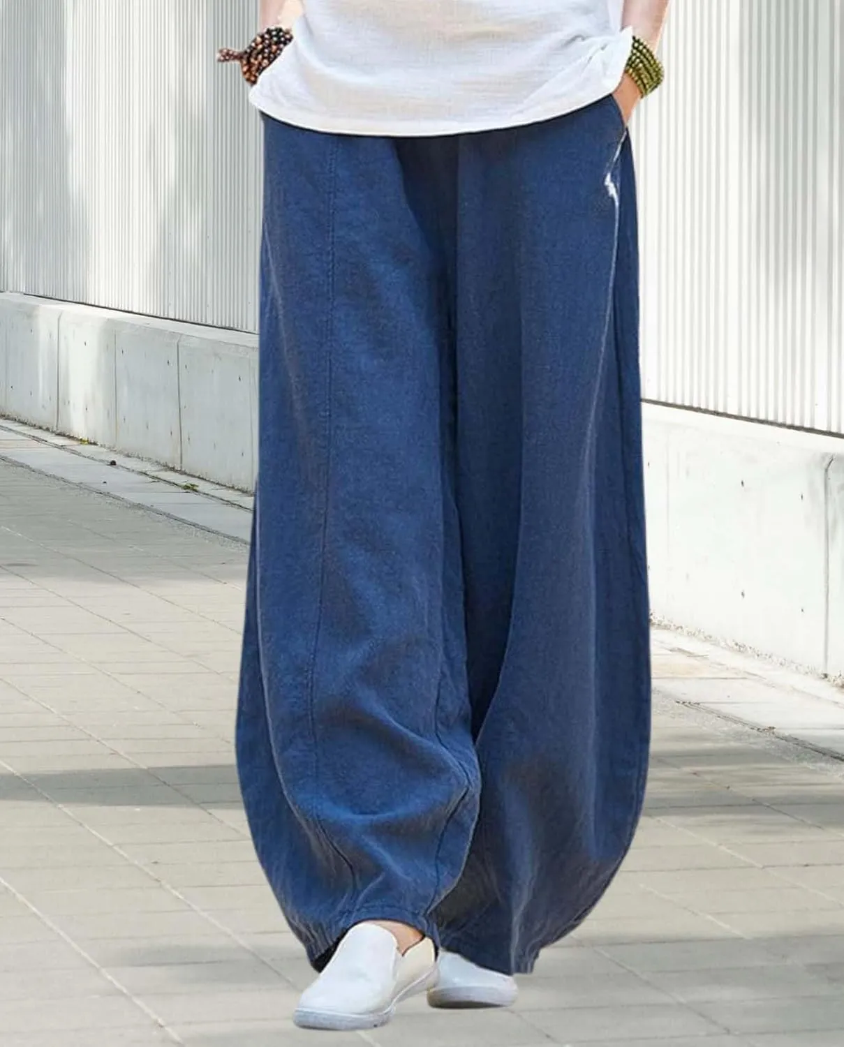 Cargo Japanese Pants for Women Soild Cotton Linen Wide Leg Pants Casual Fall Baggy Lantern Trouser with Pockets