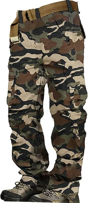 Cargo Pants for Men Camo Stretch Button Waist Tactical Pants Relaxed Fit Fleece Lined Tapered Sweatpants with Pockets