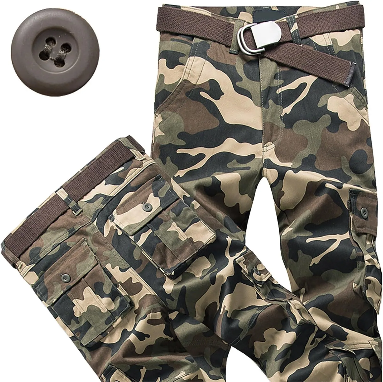 Cargo Pants for Men Camo Stretch Button Waist Tactical Pants Relaxed Fit Fleece Lined Tapered Sweatpants with Pockets
