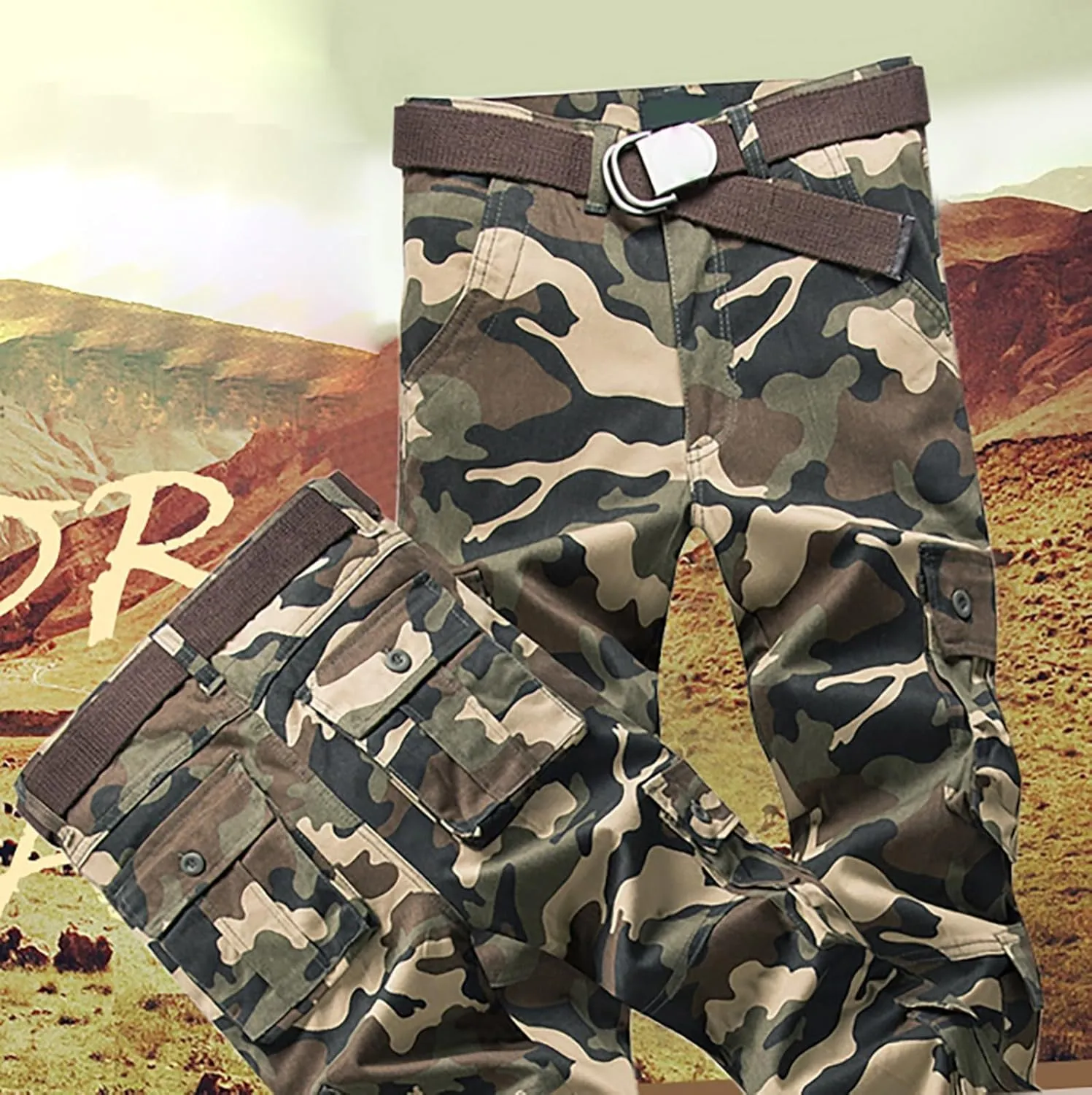 Cargo Pants for Men Camo Stretch Button Waist Tactical Pants Relaxed Fit Fleece Lined Tapered Sweatpants with Pockets