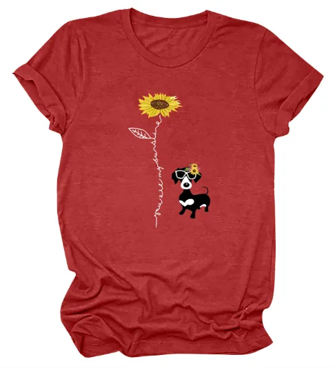 Casual Fashion Sunflower Flower Puppy Dog Print Short-Sleeved