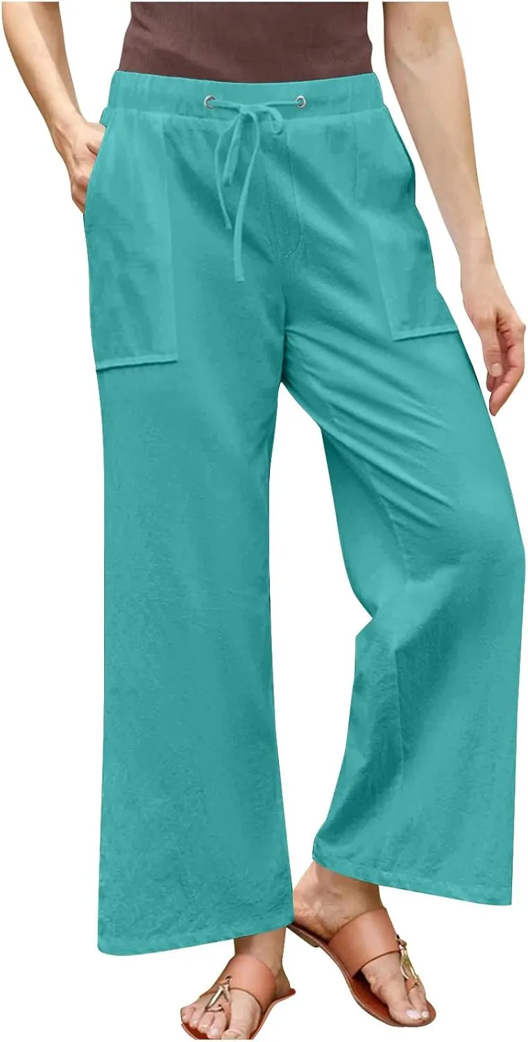 Casual Linen Pants Women Summer Flowy Palazzo Wide Leg Slacks Loose Comfy High Waisted Trousers with Pockets