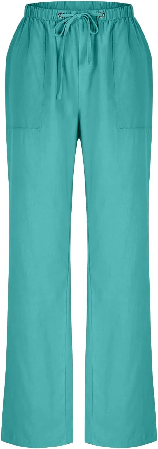 Casual Linen Pants Women Summer Flowy Palazzo Wide Leg Slacks Loose Comfy High Waisted Trousers with Pockets