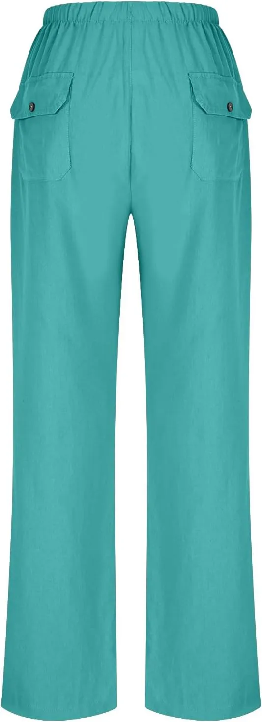 Casual Linen Pants Women Summer Flowy Palazzo Wide Leg Slacks Loose Comfy High Waisted Trousers with Pockets