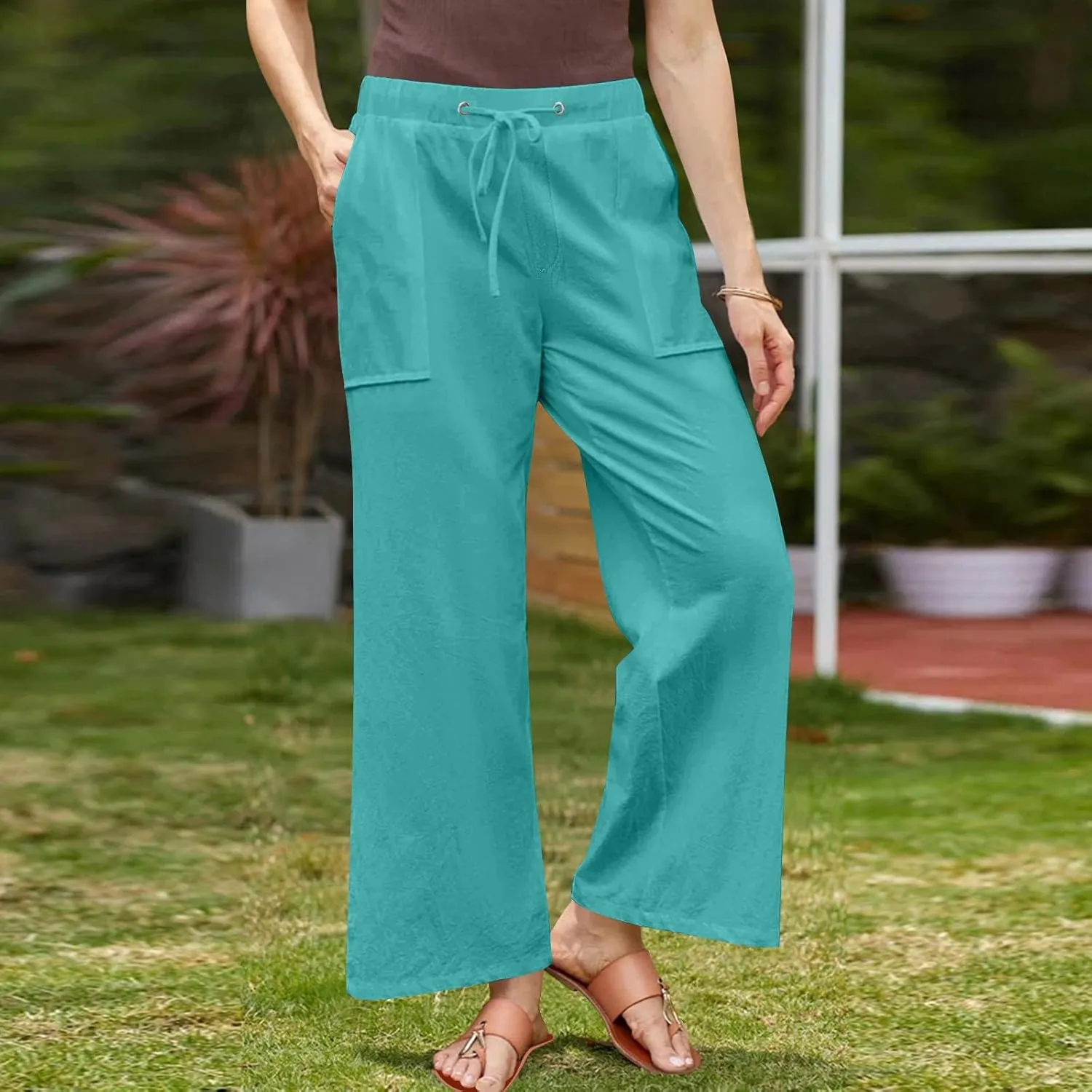 Casual Linen Pants Women Summer Flowy Palazzo Wide Leg Slacks Loose Comfy High Waisted Trousers with Pockets