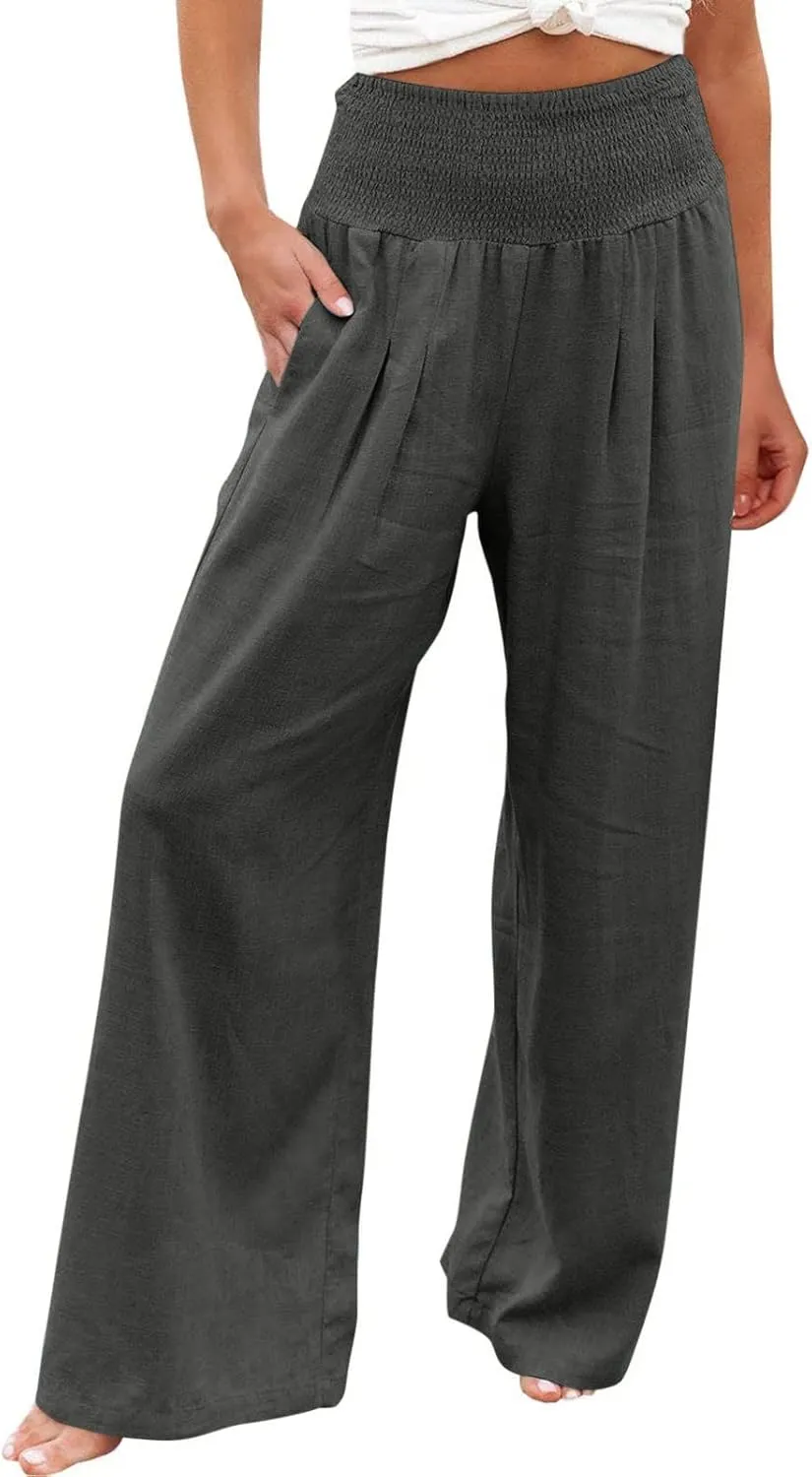 Casual Women Linen Pants Summer Baggy Palazzo Pants Baggy High Waist Loose Slacks Beach Long Trousers 2025 Trendy