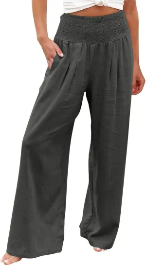 Casual Women Linen Pants Summer Baggy Palazzo Pants Baggy High Waist Loose Slacks Beach Long Trousers 2025 Trendy
