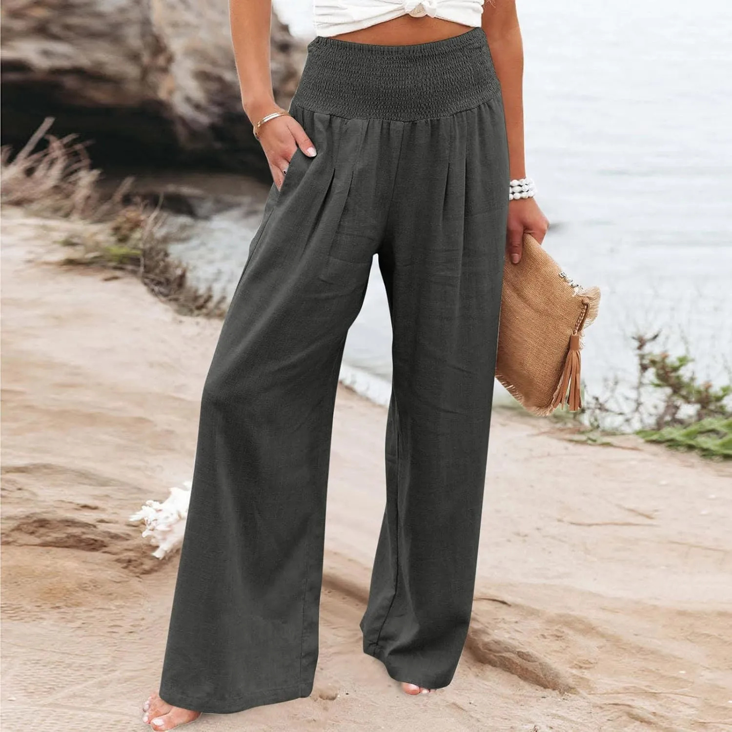 Casual Women Linen Pants Summer Baggy Palazzo Pants Baggy High Waist Loose Slacks Beach Long Trousers 2025 Trendy