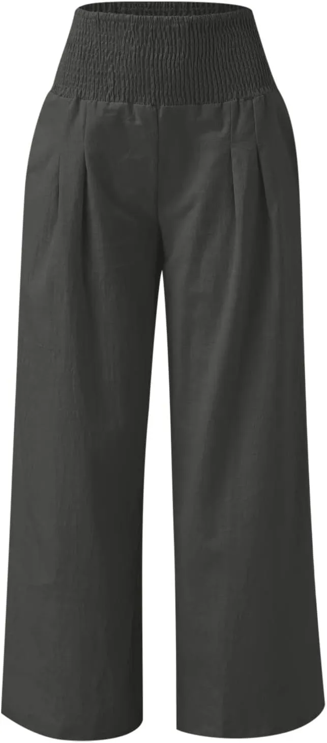 Casual Women Linen Pants Summer Baggy Palazzo Pants Baggy High Waist Loose Slacks Beach Long Trousers 2025 Trendy