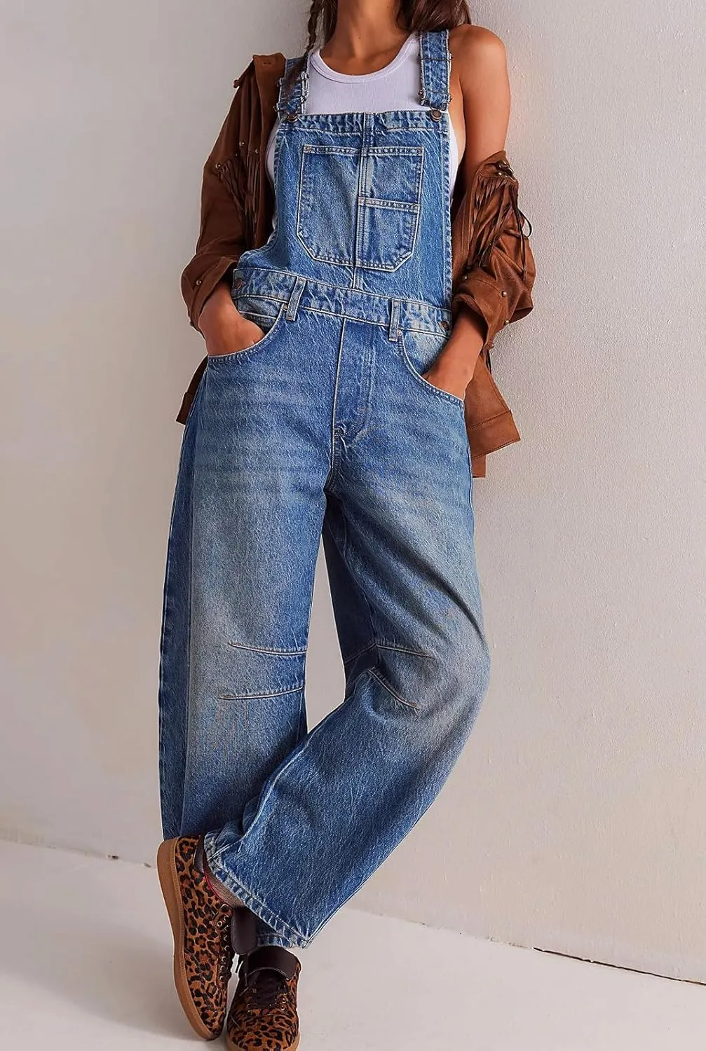 CHARTOU Women Casual Denim Bib Overalls Baggy Barrel Jeans Y2k Wide Leg Denim Jumpsuit Mid Rise Boyfriend Harem Pants