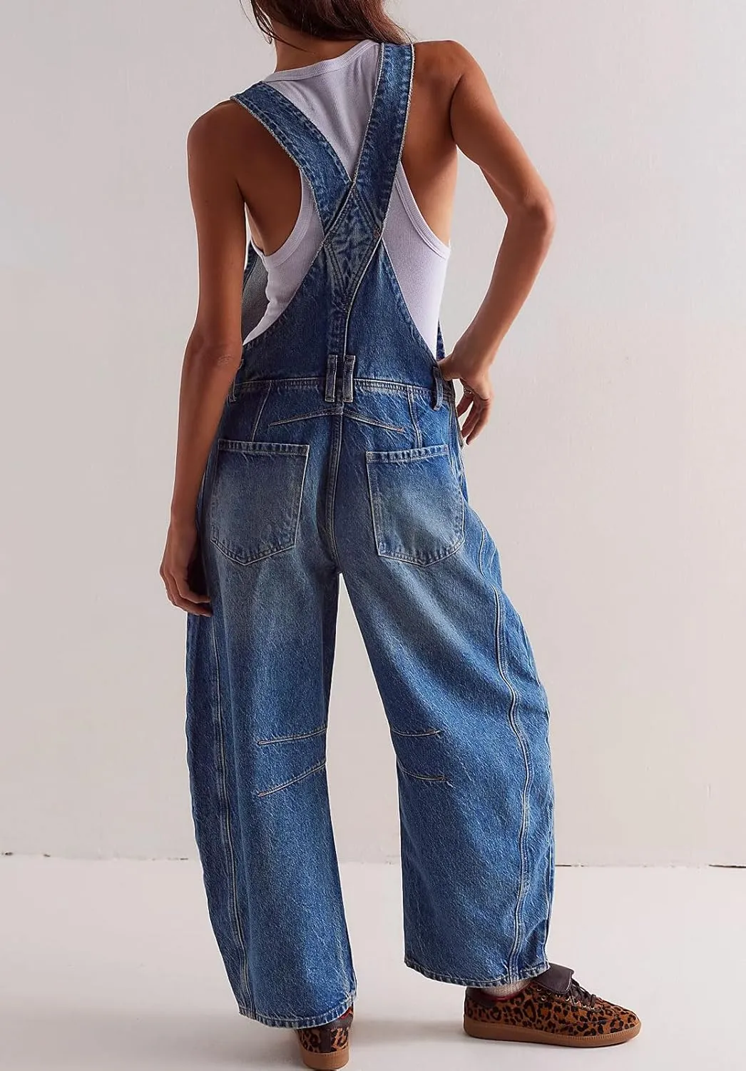CHARTOU Women Casual Denim Bib Overalls Baggy Barrel Jeans Y2k Wide Leg Denim Jumpsuit Mid Rise Boyfriend Harem Pants