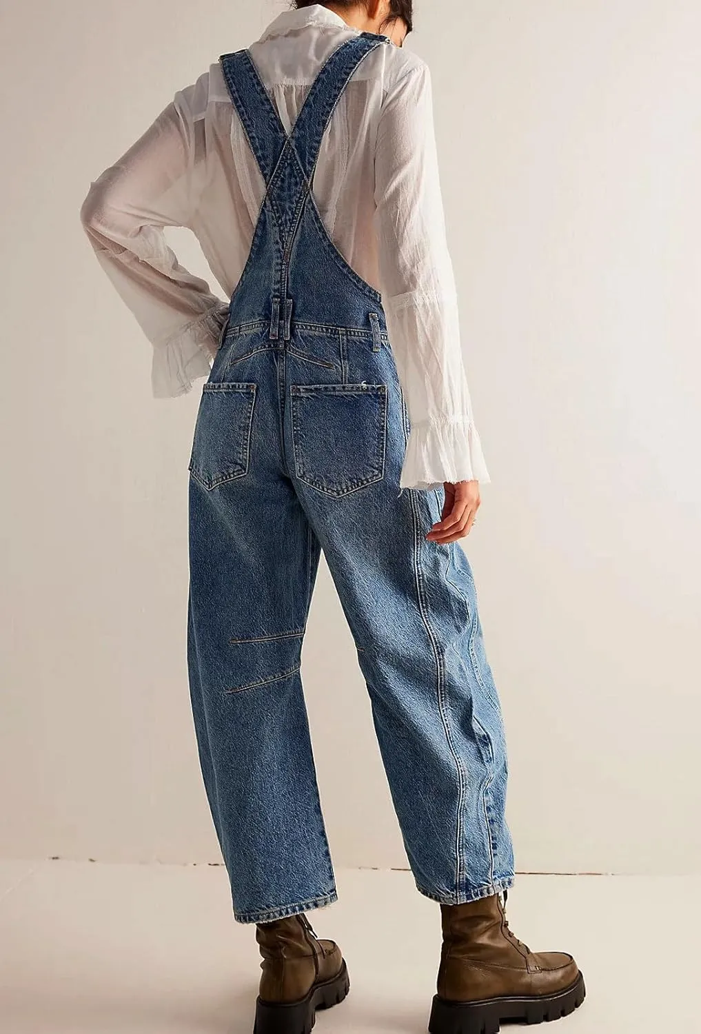 CHARTOU Women Casual Denim Bib Overalls Baggy Barrel Jeans Y2k Wide Leg Denim Jumpsuit Mid Rise Boyfriend Harem Pants