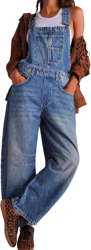 CHARTOU Women Casual Denim Bib Overalls Baggy Barrel Jeans Y2k Wide Leg Denim Jumpsuit Mid Rise Boyfriend Harem Pants