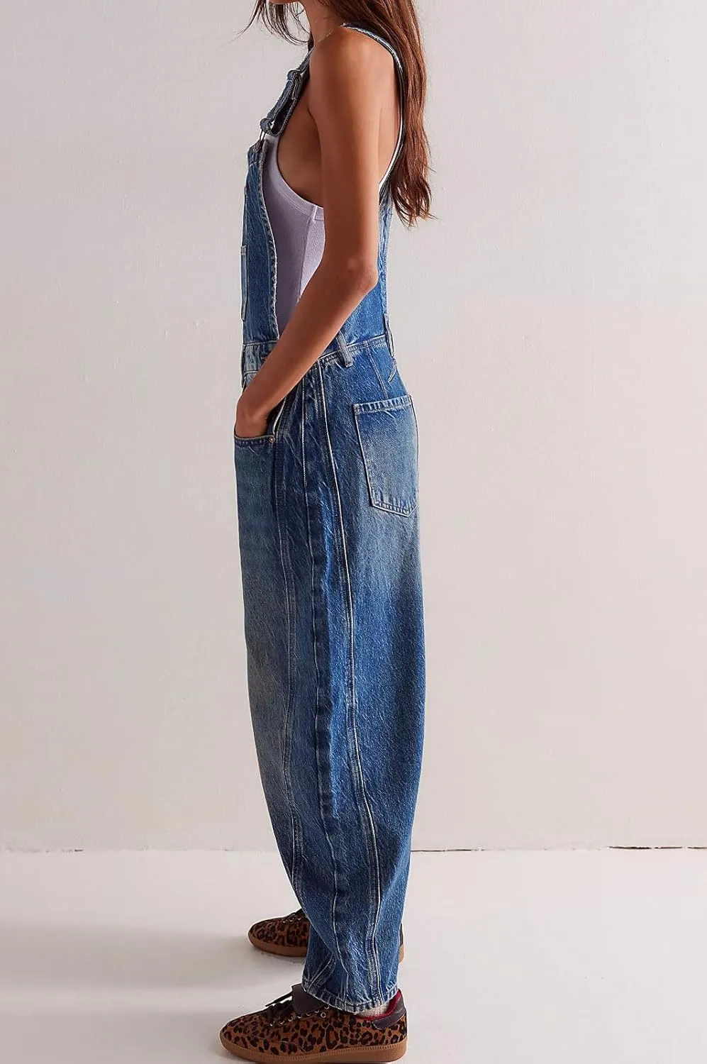 CHARTOU Women Casual Denim Bib Overalls Baggy Barrel Jeans Y2k Wide Leg Denim Jumpsuit Mid Rise Boyfriend Harem Pants