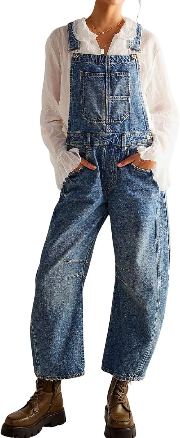 CHARTOU Women Casual Denim Bib Overalls Baggy Barrel Jeans Y2k Wide Leg Denim Jumpsuit Mid Rise Boyfriend Harem Pants