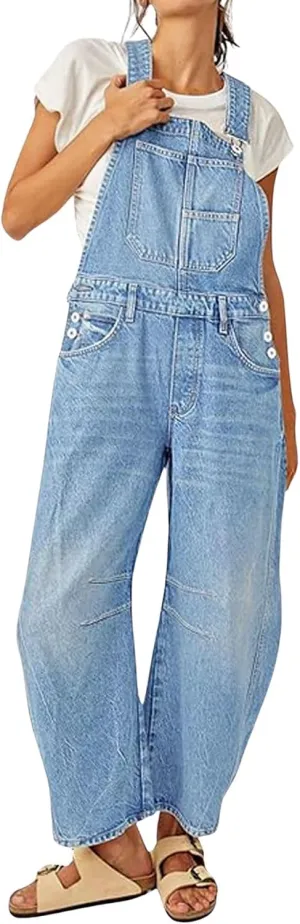 CHARTOU Women Casual Denim Bib Overalls Baggy Barrel Jeans Y2k Wide Leg Denim Jumpsuit Mid Rise Boyfriend Harem Pants
