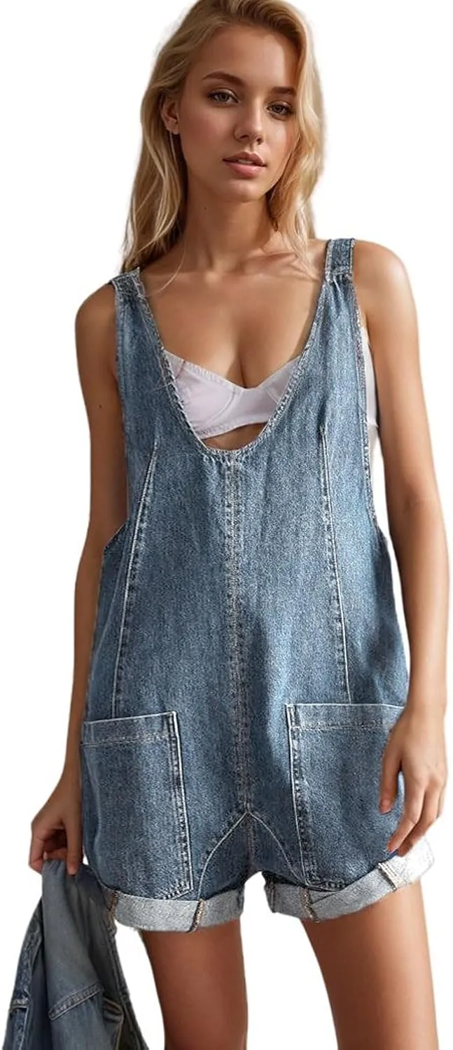 CHARTOU Women Casual Denim Short Overalls Rolled Cuff Barrel Shorts Jumpsuit Rompers