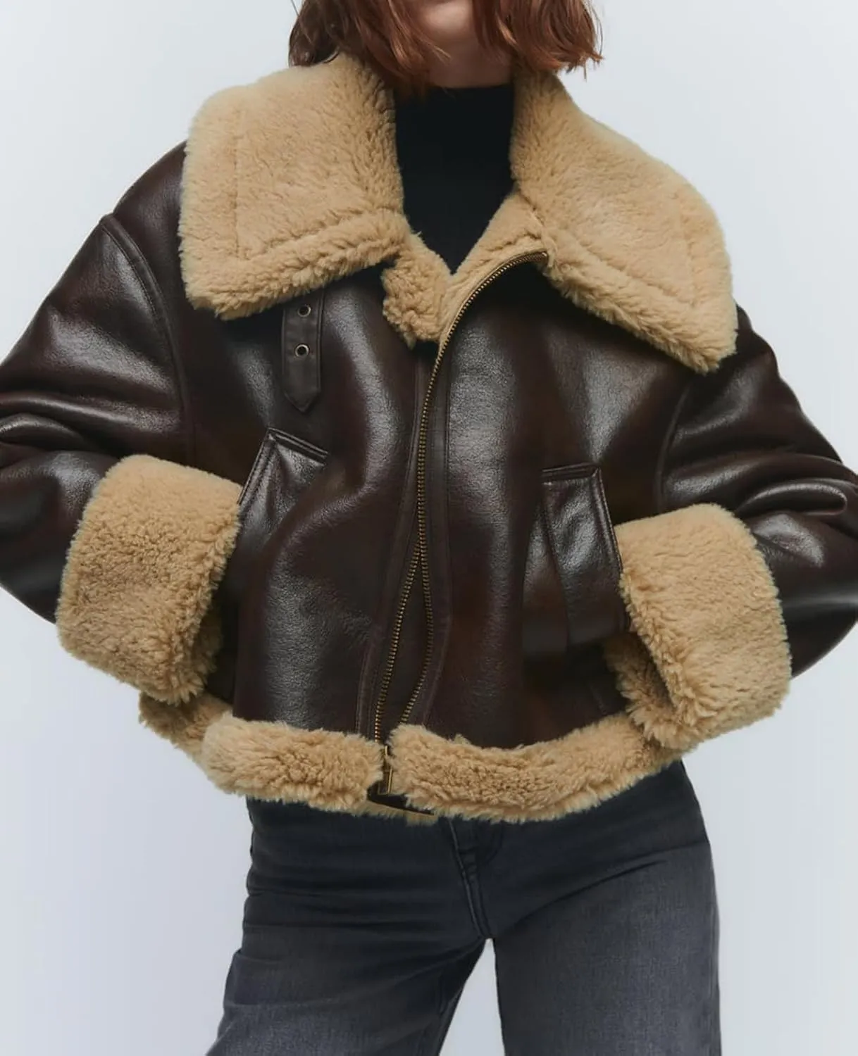 CHARTOU Women Faux Leather Jacket Faux Fur Bomber Jacket Winter Warm Sherpa Jacket Coat Moto Biker Jacket