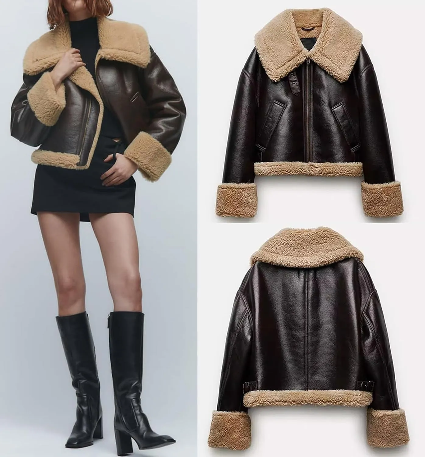 CHARTOU Women Faux Leather Jacket Faux Fur Bomber Jacket Winter Warm Sherpa Jacket Coat Moto Biker Jacket