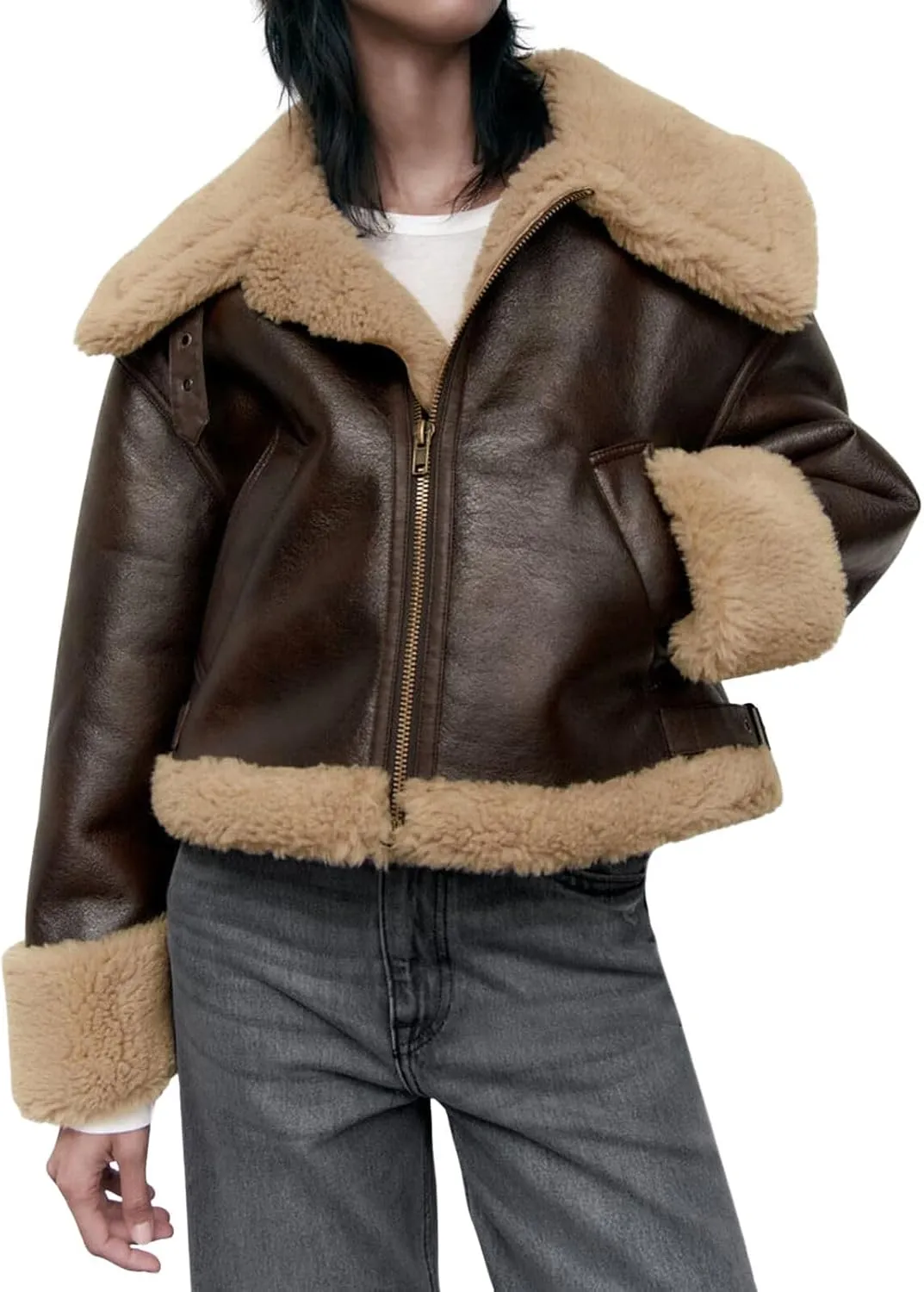 CHARTOU Women Faux Leather Jacket Faux Fur Bomber Jacket Winter Warm Sherpa Jacket Coat Moto Biker Jacket
