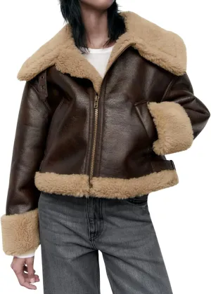 CHARTOU Women Faux Leather Jacket Faux Fur Bomber Jacket Winter Warm Sherpa Jacket Coat Moto Biker Jacket