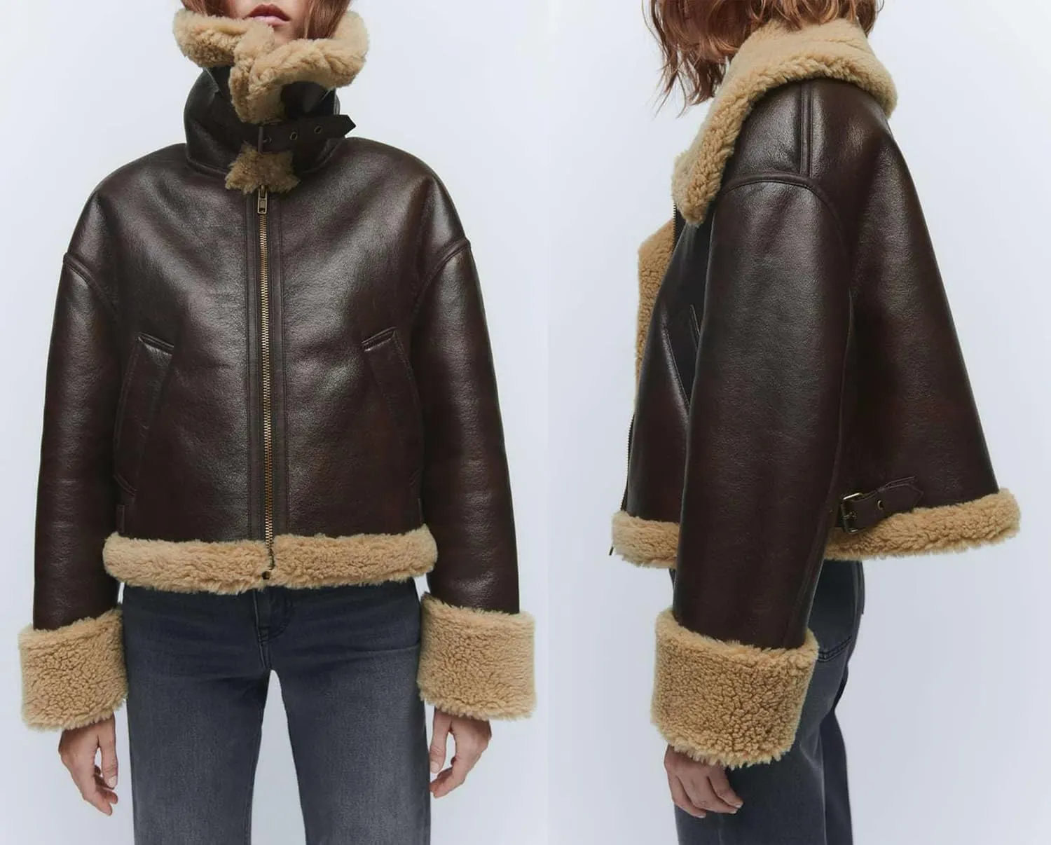 CHARTOU Women Faux Leather Jacket Faux Fur Bomber Jacket Winter Warm Sherpa Jacket Coat Moto Biker Jacket